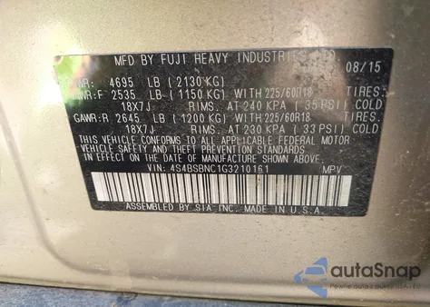 2016 Subaru Outback 2.5I Limited из США, поврежденный, VIN 4S4BSBNC1G3210161